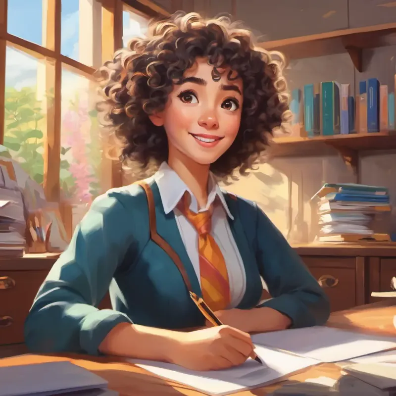 Office, Curly hair, bright eyes, energetic, ready to tackle challenges, confidence, resilience, excitement
