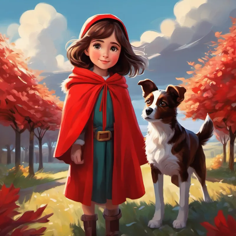 Introduction of Young girl with brown hair, bright eyes, wears a red cloak and Small, loyal dog with spotted fur and floppy ears, sunny day turns stormy