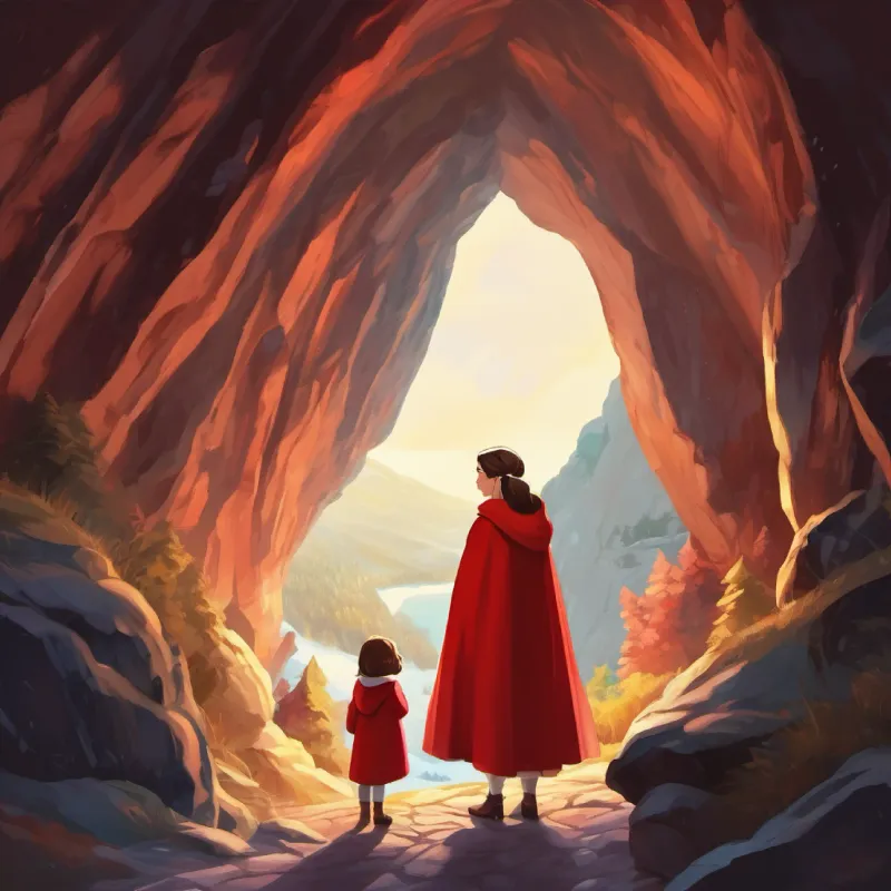 In the cave, grandmother praises Young girl with brown hair, bright eyes, wears a red cloak's bravery