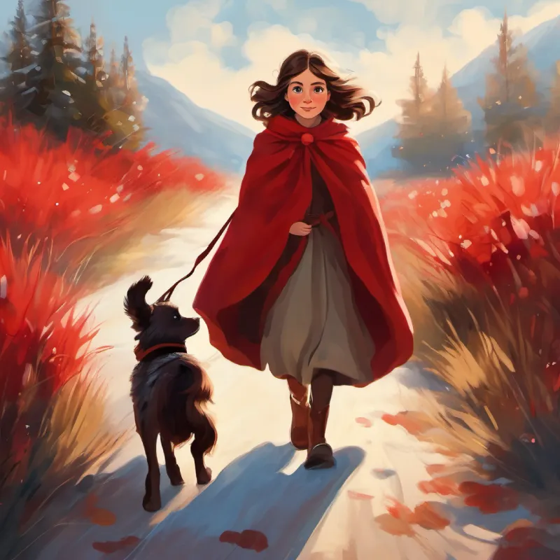 Young girl with brown hair, bright eyes, wears a red cloak starts her journey with grandmother and Small, loyal dog with spotted fur and floppy ears, wind howls
