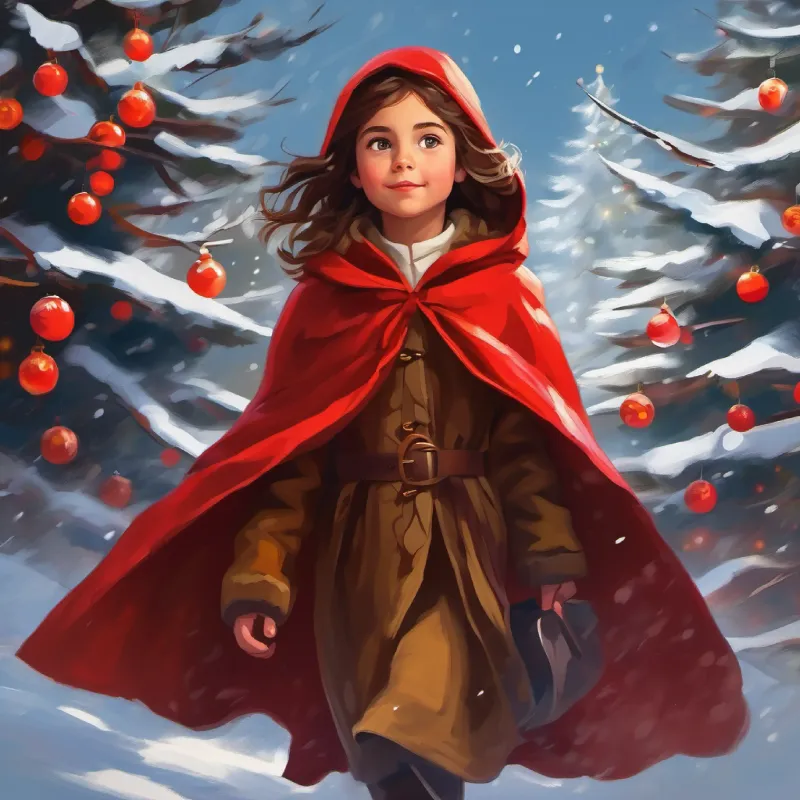 Wind breaks branches, Young girl with brown hair, bright eyes, wears a red cloak protects and leads