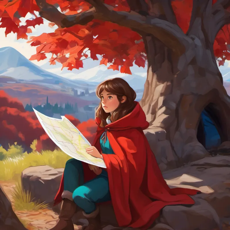 Resting under a tree, Young girl with brown hair, bright eyes, wears a red cloak consults map for cave