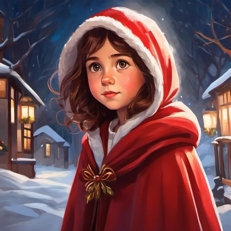 Young girl with brown hair, bright eyes, wears a red cloak encourages herself to be brave for her grandmother