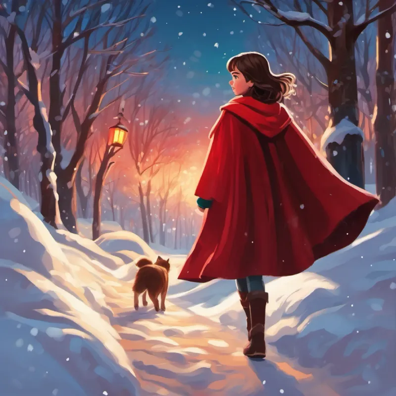 Young girl with brown hair, bright eyes, wears a red cloak finds a sheltered path, shows confidence