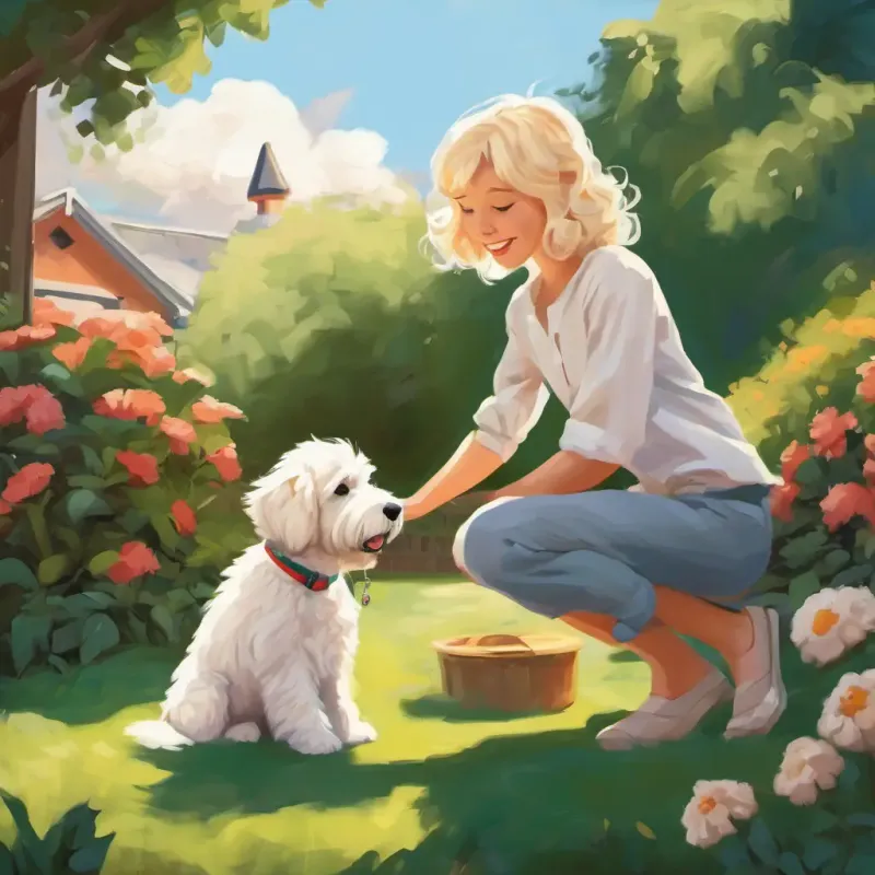 August has blonde hair and loves playing with his dog Molly with blonde hair playing with his Pyredoodle dog Molly is a Pyredoodle dog with soft white fur in their backyard