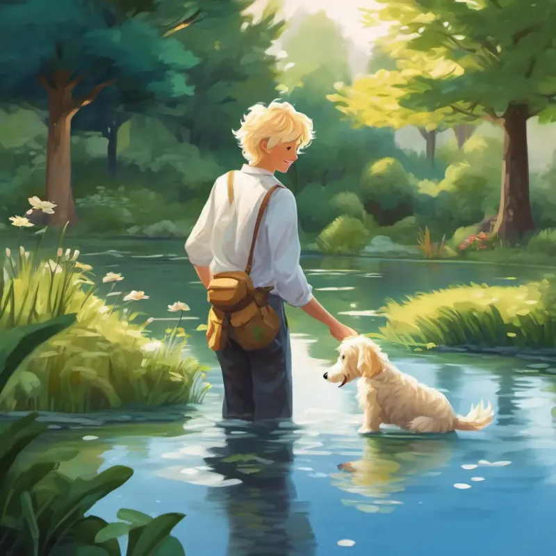 August has blonde hair and loves playing with his dog Molly and Molly is a Pyredoodle dog with soft white fur discovering a pond with frogs in their backyard