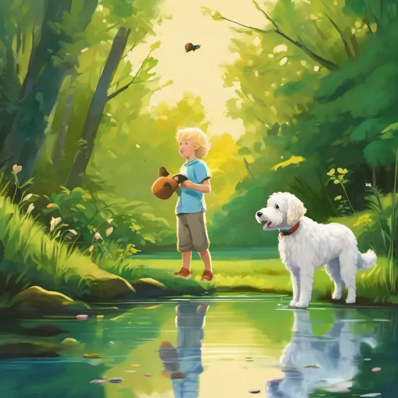 August has blonde hair and loves playing with his dog Molly is a Pyredoodle dog with soft white fur watching the frogs jump and swim, Molly is a Pyredoodle dog with soft white fur sniffing the frogs