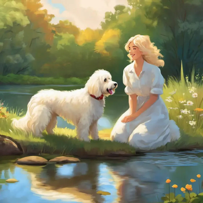 August has blonde hair and loves playing with his dog Molly is a Pyredoodle dog with soft white fur and Molly is a Pyredoodle dog with soft white fur sitting by the pond, frogs jumping onto August has blonde hair and loves playing with his dog Molly is a Pyredoodle dog with soft white fur's hands