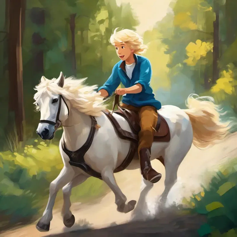 August has blonde hair and loves playing with his dog Molly is a Pyredoodle dog with soft white fur with his horse Bullet is a big and brown horse who loves to run fast, riding together and racing