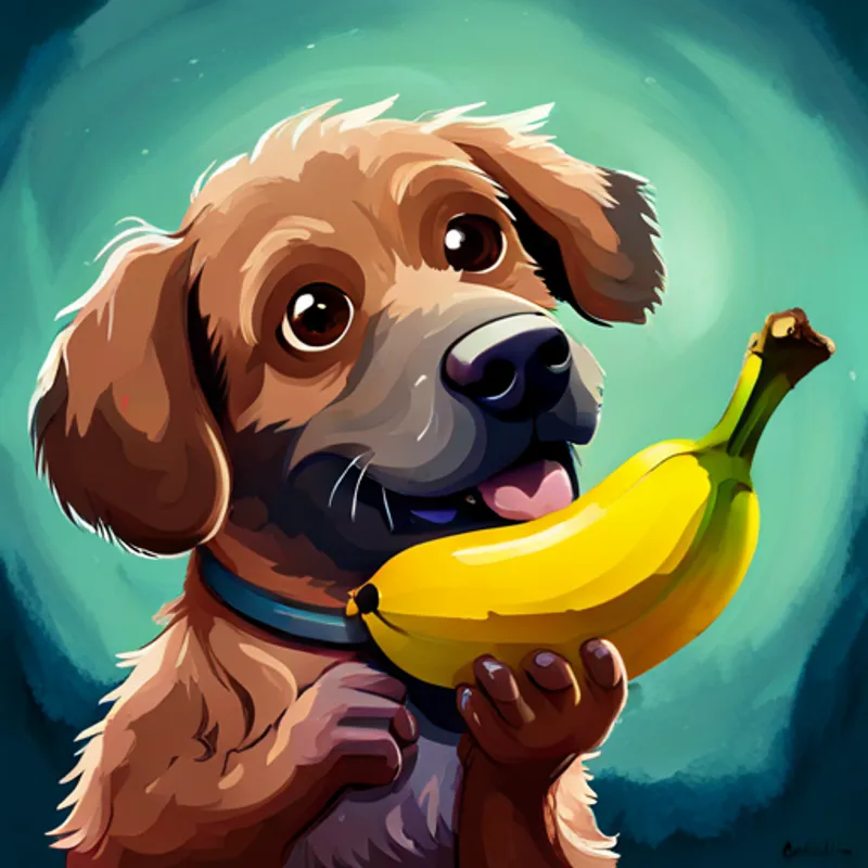 Fluffy brown dog with floppy ears holding a yellow banana in its mouth