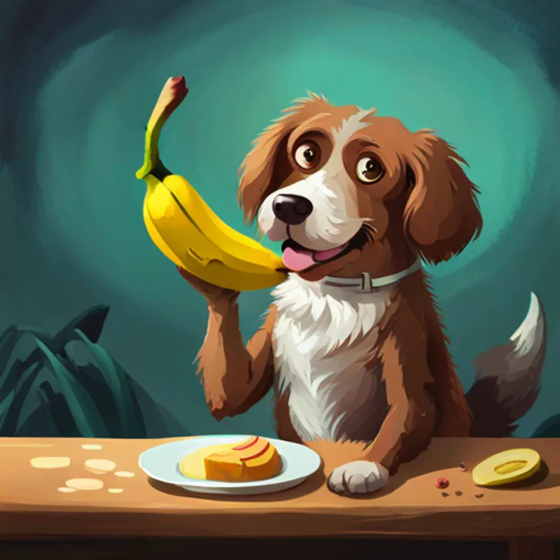 Fluffy brown dog with floppy ears struggling to eat a large banana