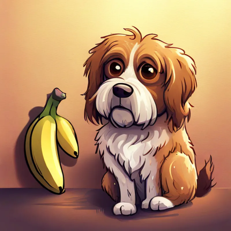 Fluffy brown dog with floppy ears looking sad with a half-eaten banana