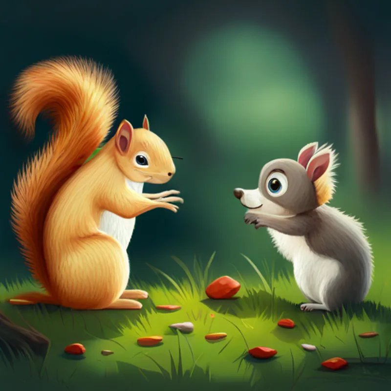 Small gray squirrel with a bushy tail looking curious at the dog