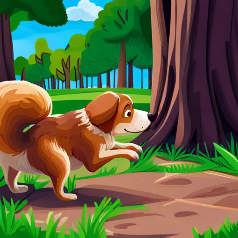 Fluffy brown dog with floppy ears and squirrel playing together in the park