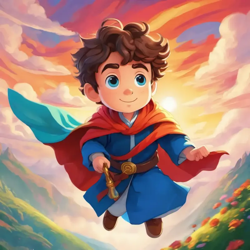 Joe is a brave hero with brown hair and blue eyes floating in the sky with his magical robe, looking down at the colorful and vibrant Letterland.