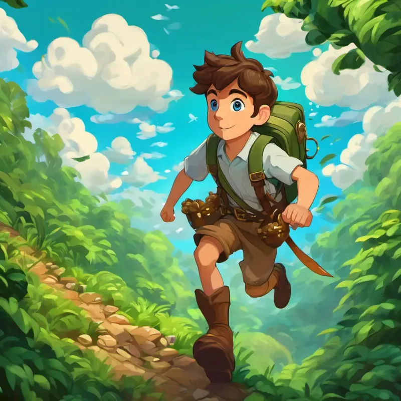Joe is a brave hero with brown hair and blue eyes flying through the clouds, following a trail of code. The treasure trove hidden in a lush green forest, filled with bones, stones, and cones.