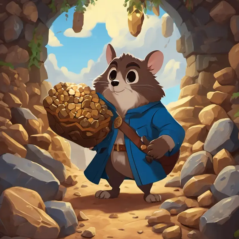 Joe is a brave hero with brown hair and blue eyes standing at the entrance of the treasure trove, bones, stones, and cones scattered around. A The giant mole has dark fur and sharp claws with sharp claws and a fierce expression guarding the treasure.