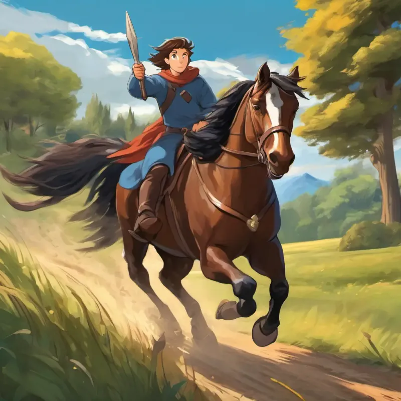 Joe is a brave hero with brown hair and blue eyes riding a noble horse, galloping away from the The giant mole has dark fur and sharp claws. The horse with a shiny coat and a determined look in its eyes.