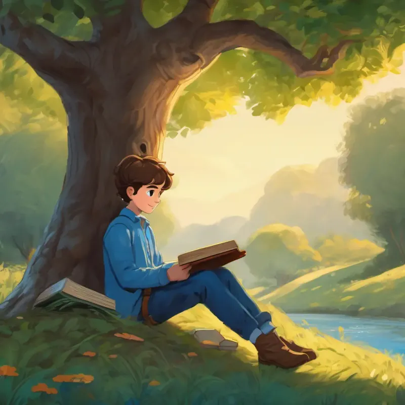 Joe is a brave hero with brown hair and blue eyes sitting under a tree, reading a book about the silent 'e'. The book showing examples of words like 'bone' and 'cone', with the silent 'e' highlighted.