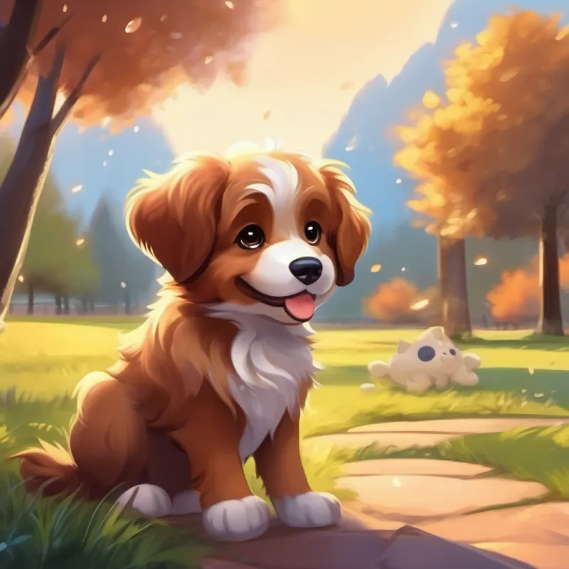 Introduction to Fluffy, happy puppy, brown fur, sparkling brown eyes and his home, playful scene in the park.