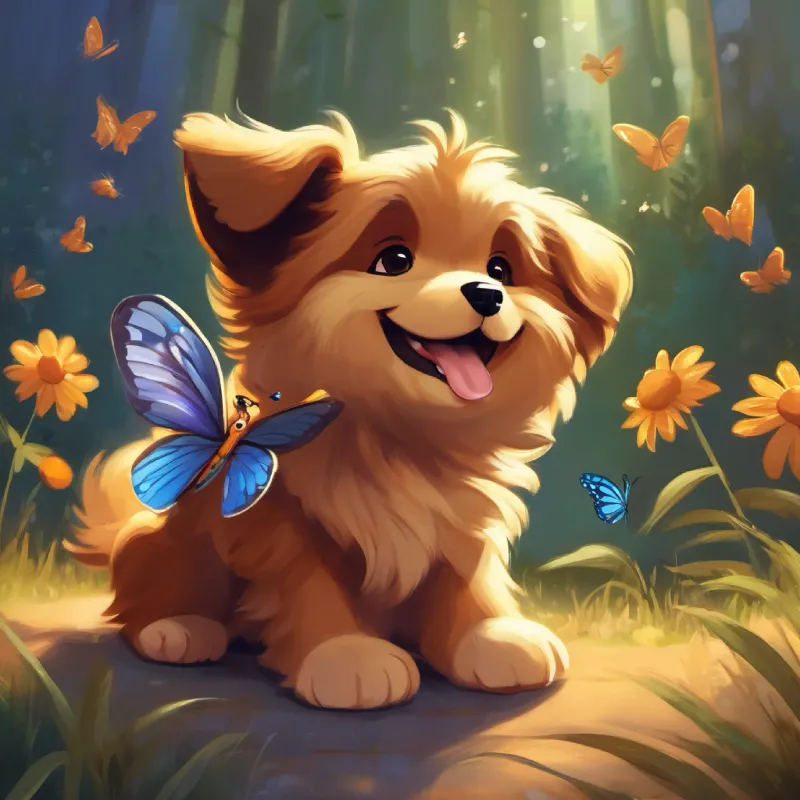 Fluffy, happy puppy, brown fur, sparkling brown eyes encounters a butterfly, giggles, and discovers his musical 'woof.'