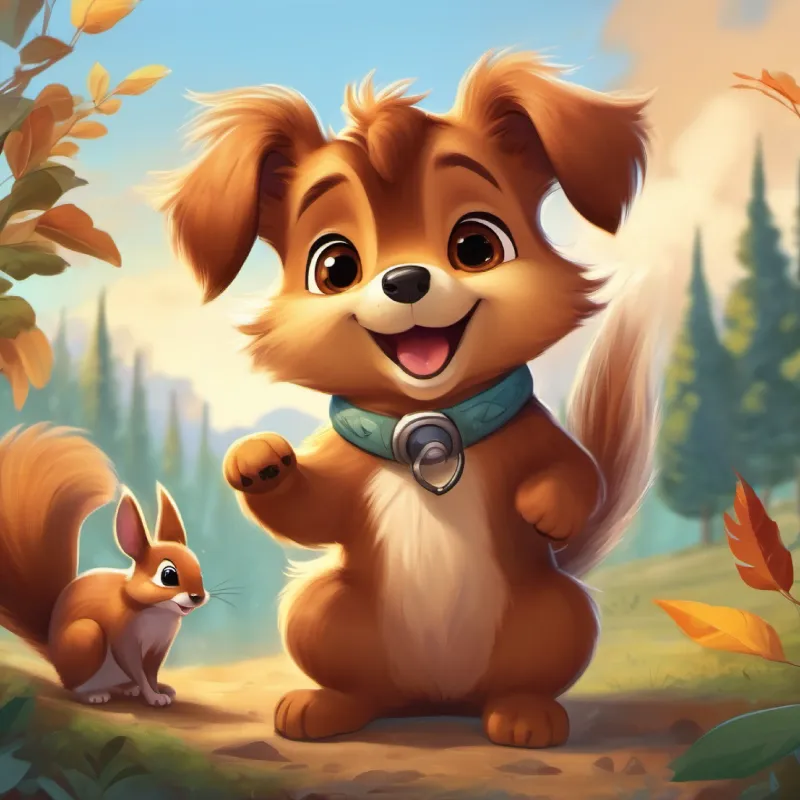 Fluffy, happy puppy, brown fur, sparkling brown eyes sings, animals listen, and a squirrel claps.