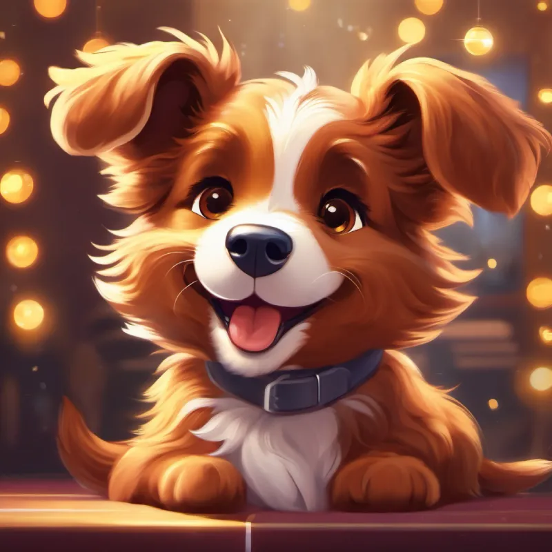 Fluffy, happy puppy, brown fur, sparkling brown eyes's friends join, enjoy his singing about his ball.