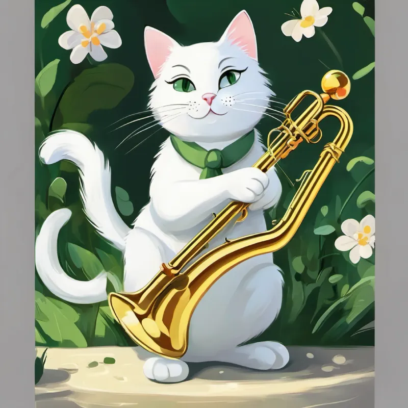 Graceful, white cat with black spots, green eyes and Tiny, energetic mouse, gray fur, quick whiskers join in, they form a 'band' called The Merry Melodies.