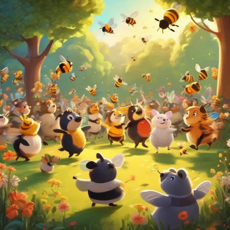 A park show with happy animals in the audience and bees dancing.