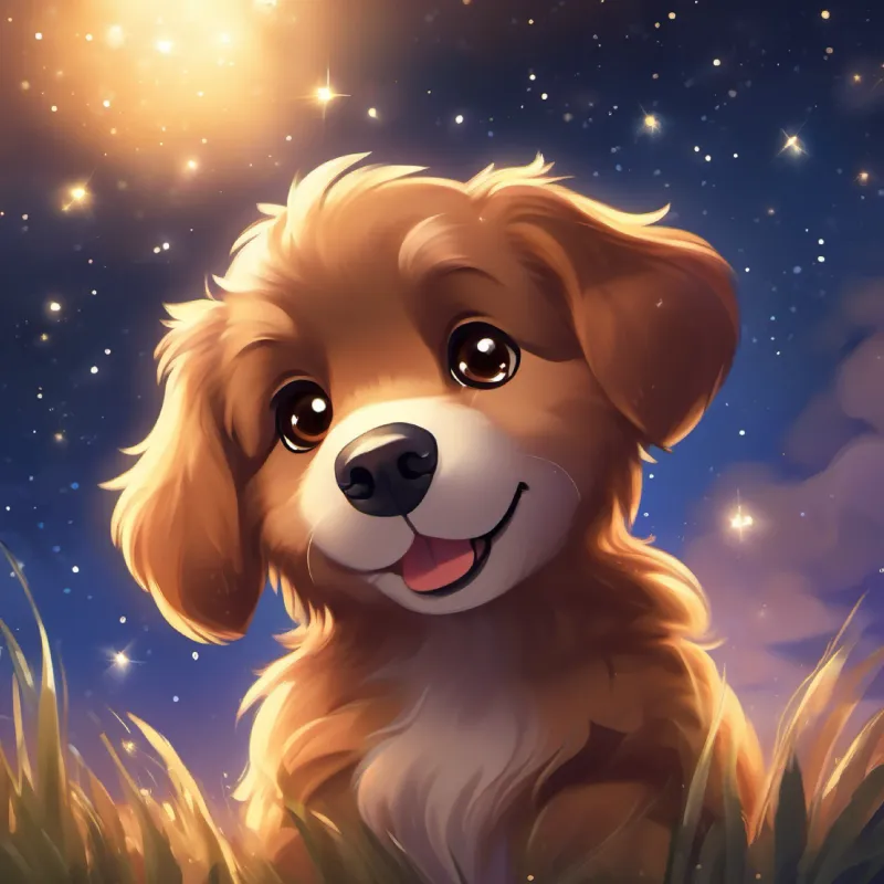 Ending with a night sky, Fluffy, happy puppy, brown fur, sparkling brown eyes and friends take a bow, Fluffy, happy puppy, brown fur, sparkling brown eyes feels special.
