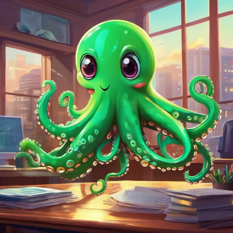 Introducing A green octopus with twinkling eyes and a friendly smile, the dancing octopus, and the busy financial office setting.