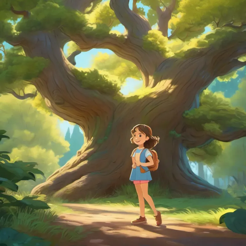 A curious girl with bright eyes and a big smile, standing next to a large oak tree in a sunny forest clearing.