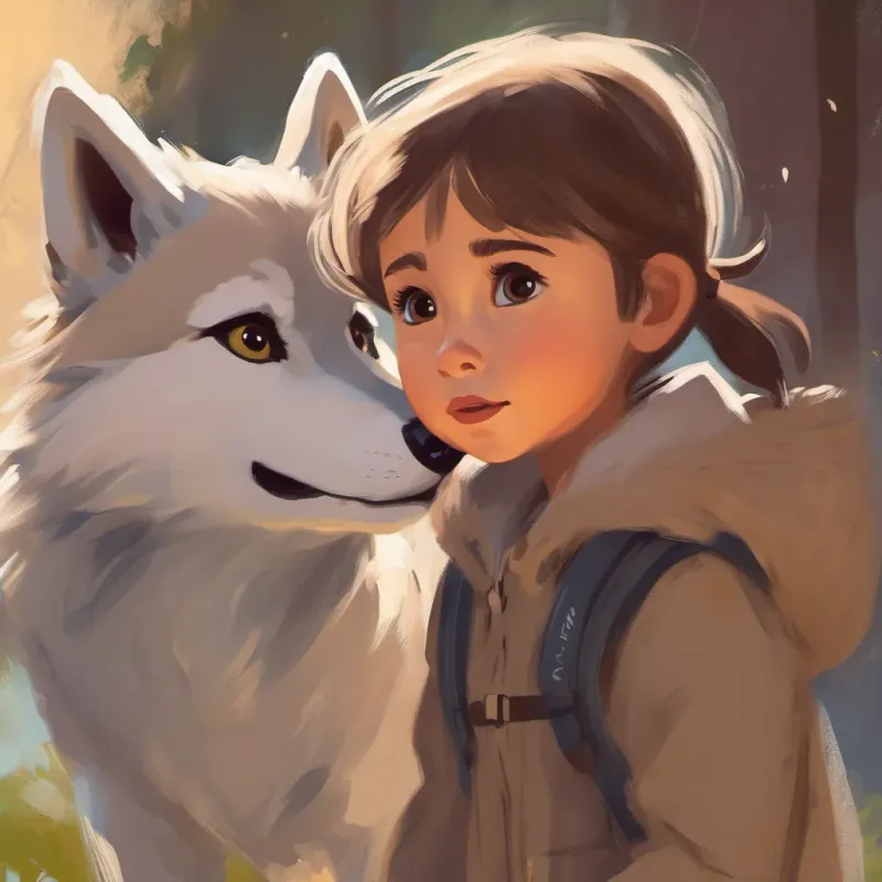 A cute, small wolf cub with expressive eyes, looking up at the girl with an innocent and hopeful expression.