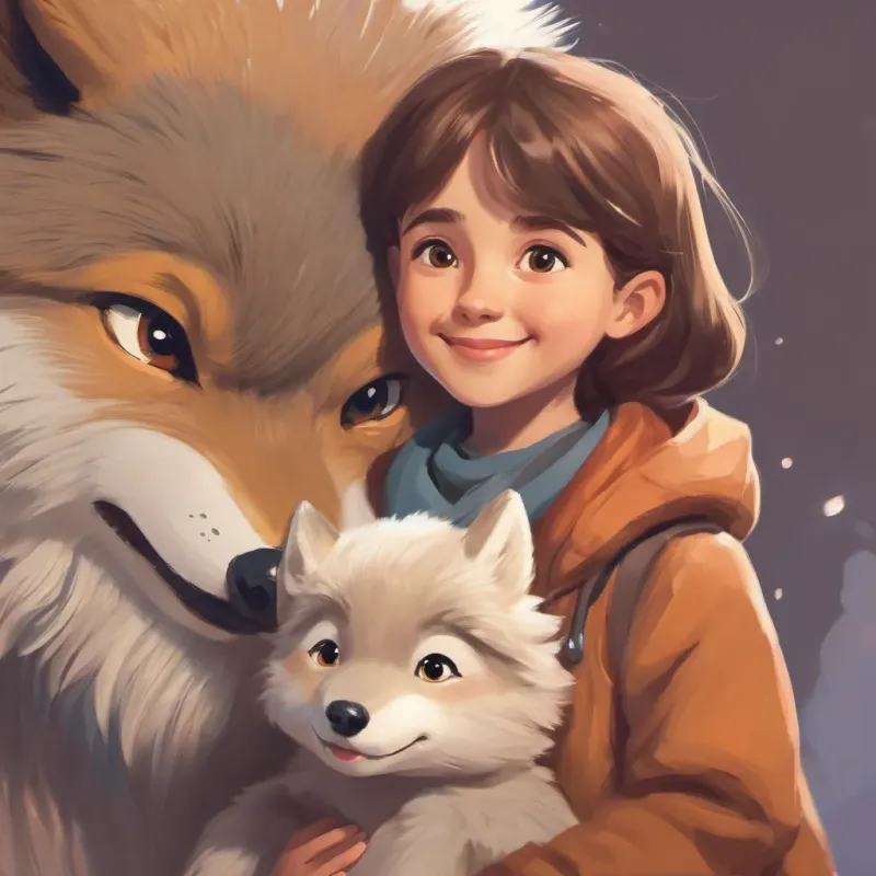 The girl lovingly holding the wolf cub, smiling wide, while the cub looks up at her with an eager expression.