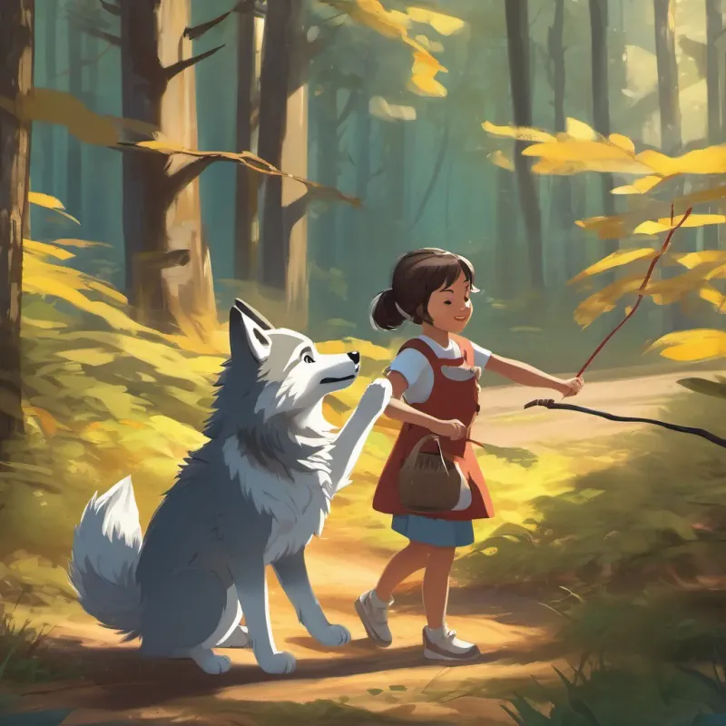 The girl and wolf cub playing together in the forest, with the wolf cub performing a playful trick like catching a stick.