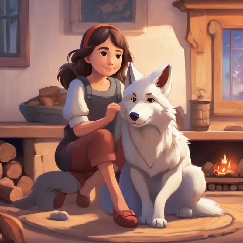 The girl and the wolf cub sitting together by a fireplace, with the cub wagging its tail happily.