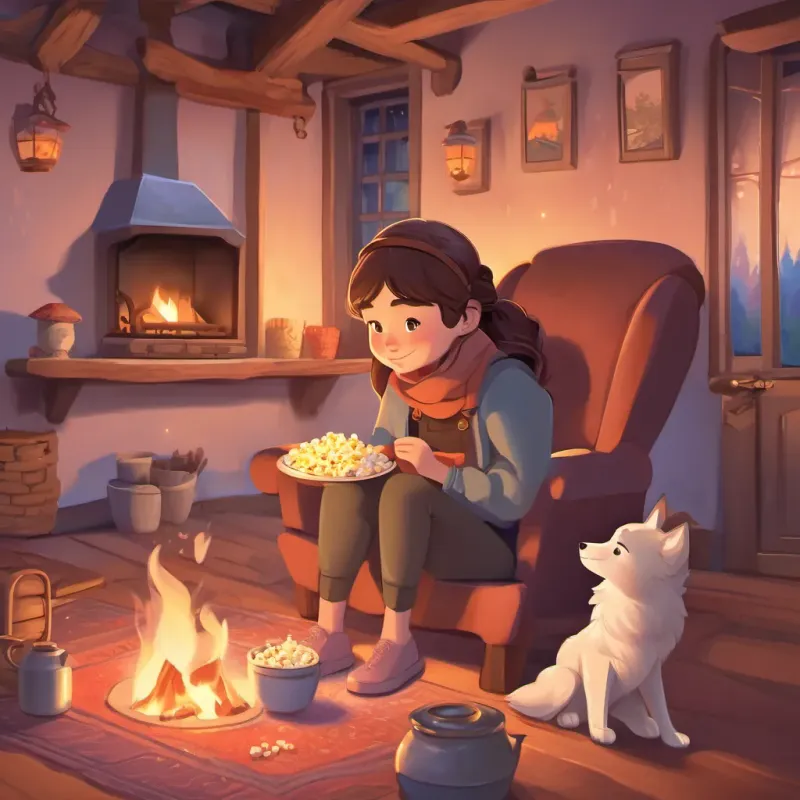 The girl and the wolf cub enjoying a cozy evening with popcorn and marshmallows by the fire.