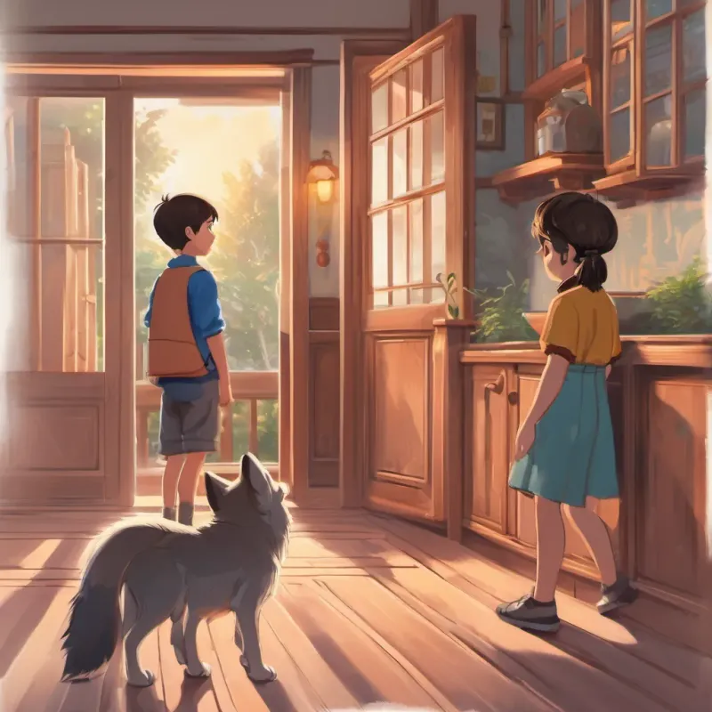 A boy visiting the girl’s home, looking surprised but intrigued at the sight of the wolf cub.