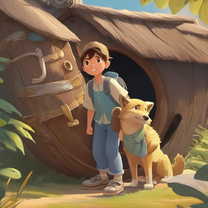 The girl, the boy, and the wolf cub playing hide and seek, with the cub peeking out from a large shoe.
