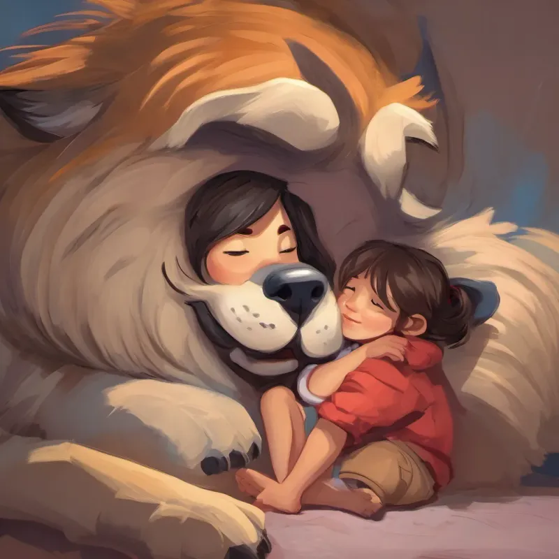The girl and the wolf cub snuggled up together, ready to sleep, with the cub yawning tiredly.