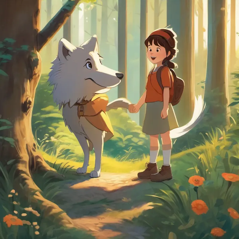 The girl and the wolf cub sharing a joyful moment in the forest, exuding an air of friendship and fun.
