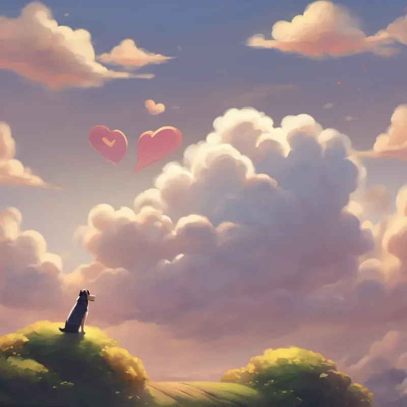 the same small cloud looking up at larger clouds making shapes, like a dog and a heart