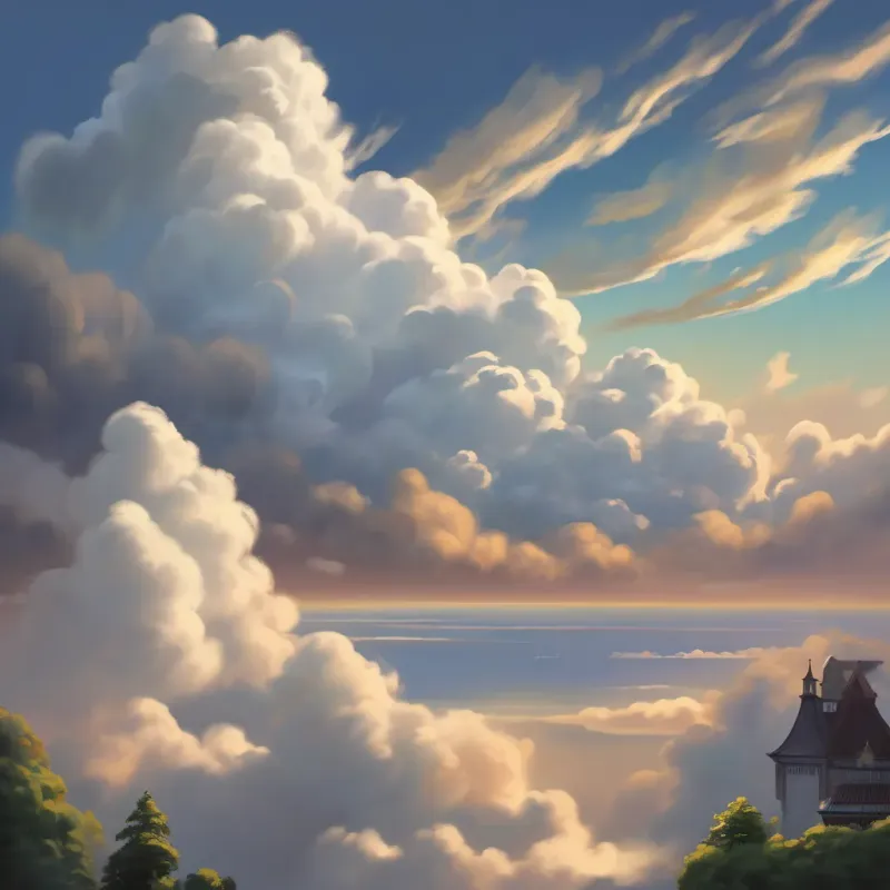 the small cloud returning to the larger clouds, who are fluffy and white again, against a darkening sky