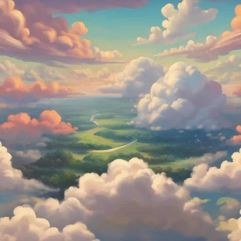 the larger clouds looking down at the small cloud, with friendly expressions