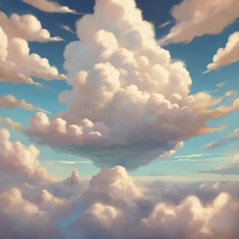 the small cloud puffed up, surrounded by the larger clouds who are smiling at him