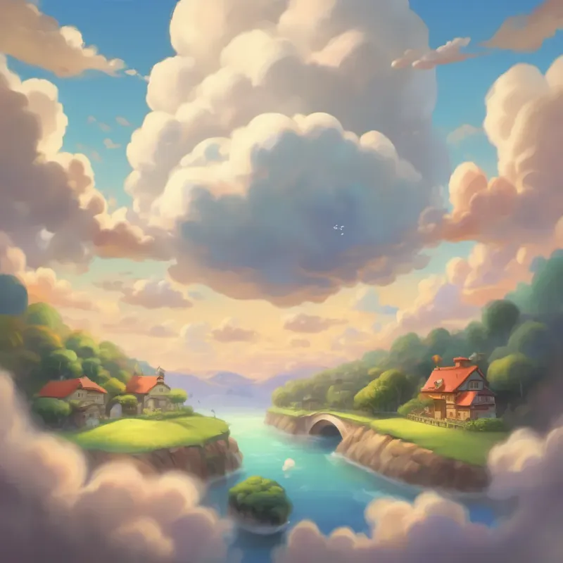 the small cloud looking down at the world, with a surprised and happy expression