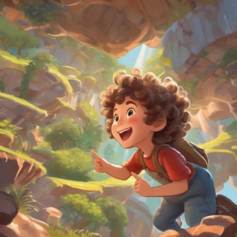 a close-up of a child with curly hair, pointing up and laughing