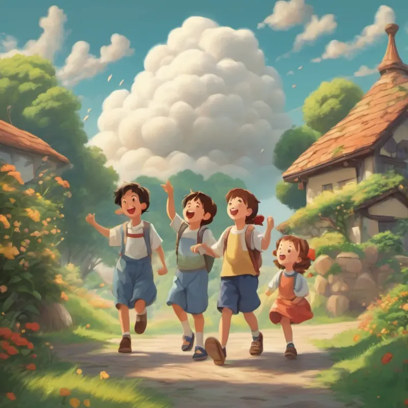 the small cloud making a silly, wobbly shape above the laughing children