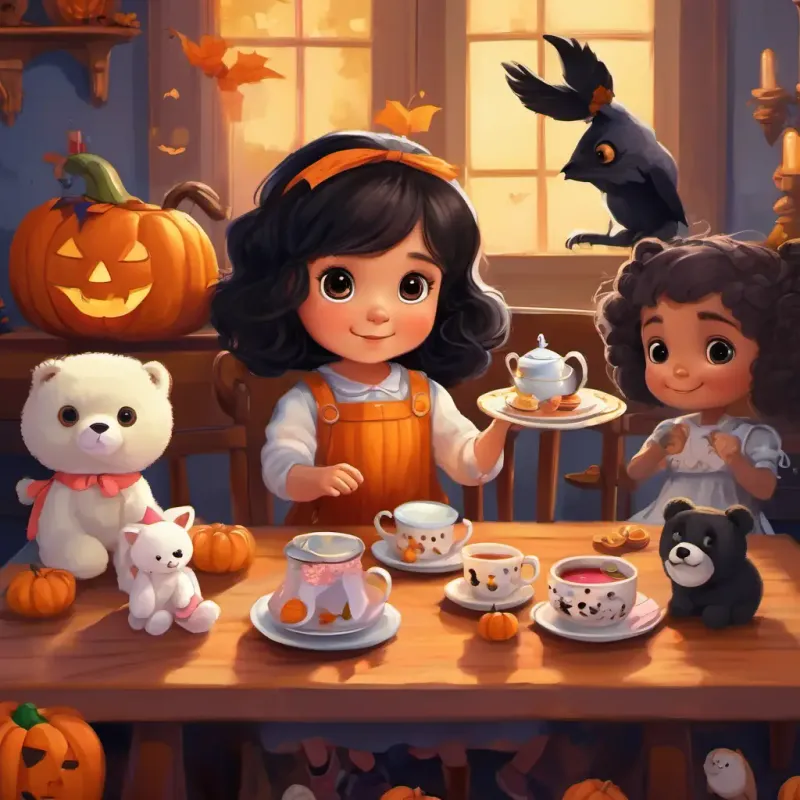 Lily is a 3-year-old girl with black wavy hair and big brown eyes, her rag doll, and their stuffed animal friends having a tea party with a tiny table and pretend tea.