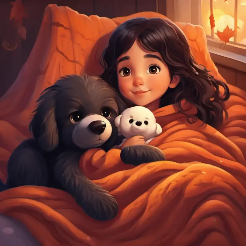 Lily is a 3-year-old girl with black wavy hair and big brown eyes and her rag doll snuggling under cozy blankets, ready for a good night's sleep.